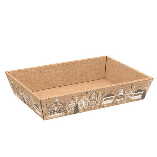 Corbeille carton kraft rectangle BONNES FÊTES gris/blanc livrée à plat