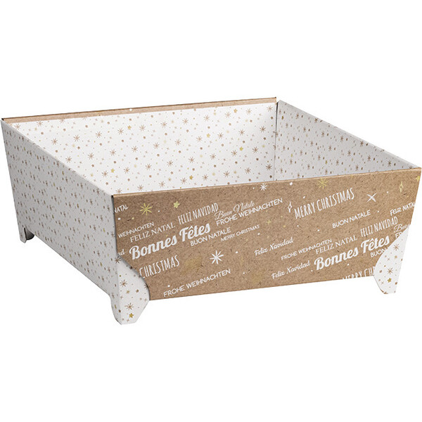 Corbeille carton rectangle à pieds BONNES FÊTES kraft/blanc livrée à plat (dim. corbeille montée)-Les Bonnes Affaires 2026