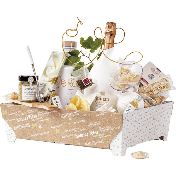 Corbeille carton rectangle à pieds BONNES FÊTES kraft/blanc livrée à plat (dim. corbeille montée)-Les Bonnes Affaires 2026