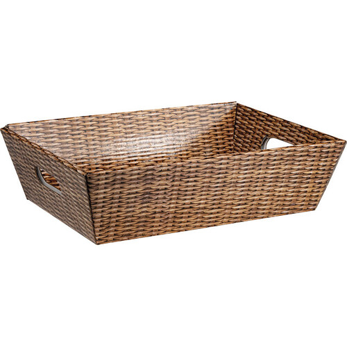 Bandeja cartón rectangular con asas decoración mimbre entrega plana (dimensión montada)