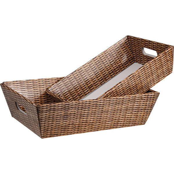 Bandeja cartón rectangular con asas decoración mimbre entrega plana (dimensión montada)
