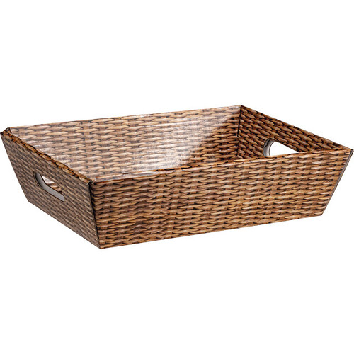Bandeja cartón rectangular con asas decoración mimbre entrega plana (dimensión montada)