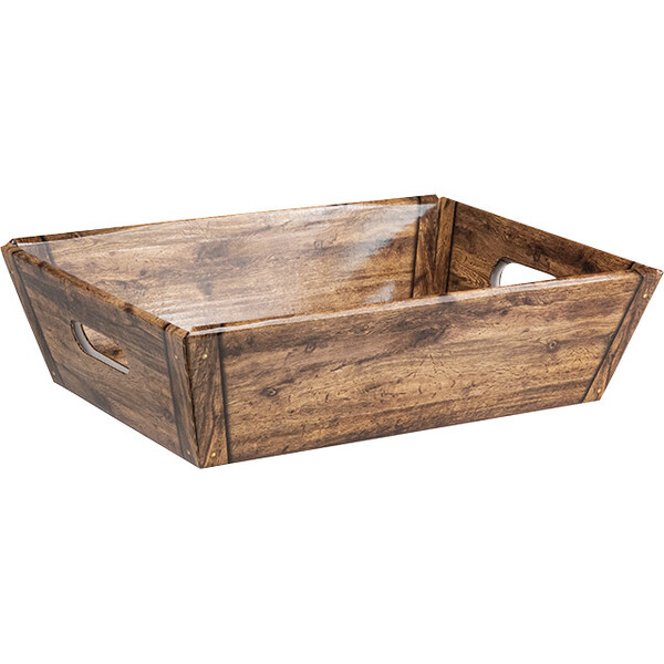 Corbeille carton rectangle à poignée décor bois livrée à plat (dim. corbeille montée)