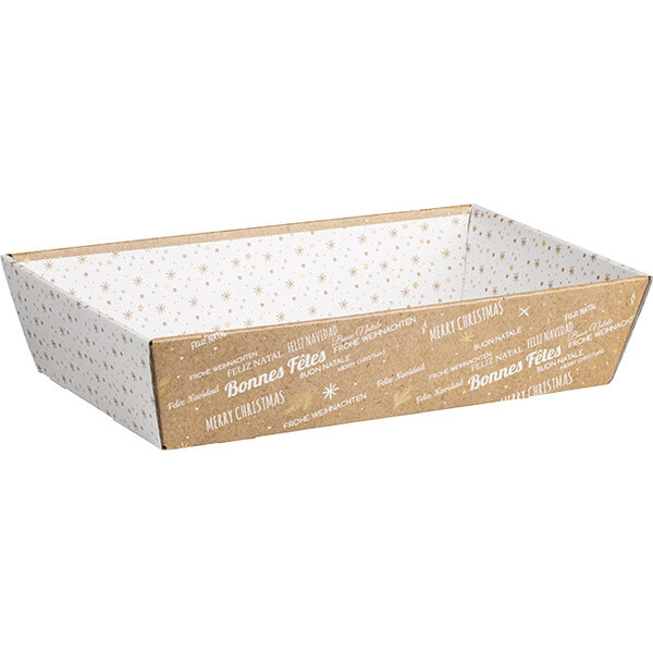 Corbeille carton rectangle BONNES FETES Kraft/Blanc livrée à plat (dim corbeille montée)-Les Bonnes Affaires 2026