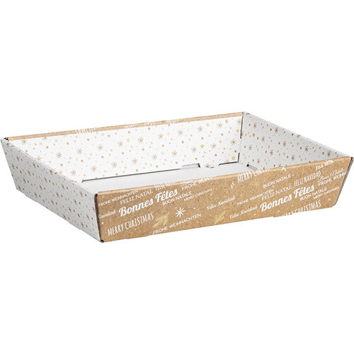 Corbeille carton rectangle BONNES FÊTES kraft/blanc livrée à plat