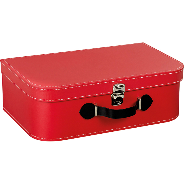 Valise carton rectangle rouge poignée simili cuir/fermeture métal