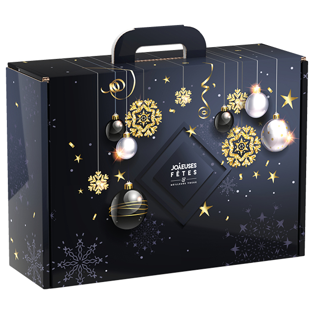 Valisette carton rectangle Joyeuses Fêtes boules de Noël/noir/or/argent 