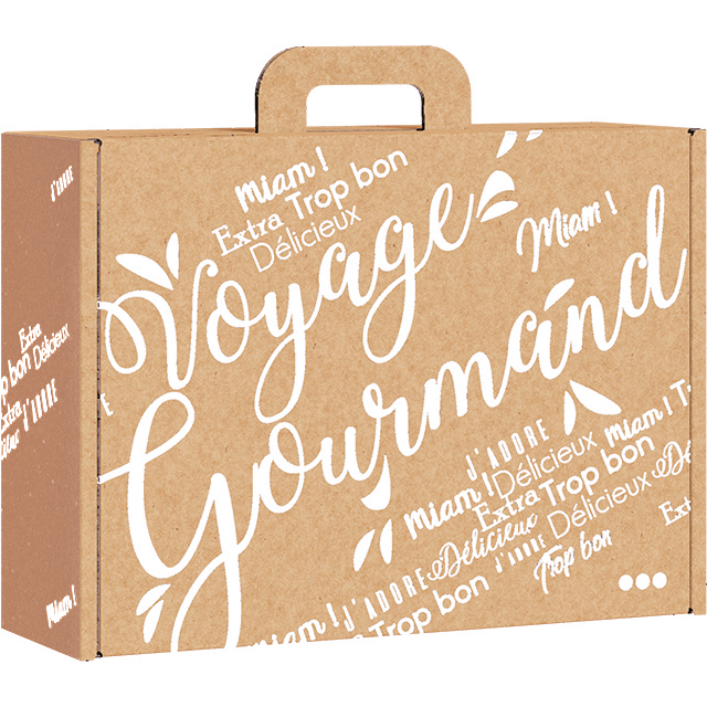 Valisette carton kraft rectangle Voyage Gourmand blanc 