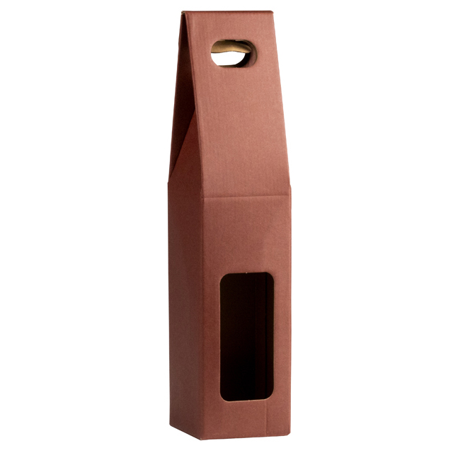 Wine carrier cardboard kraft/burgundy 1 bottle handle delivered flat
