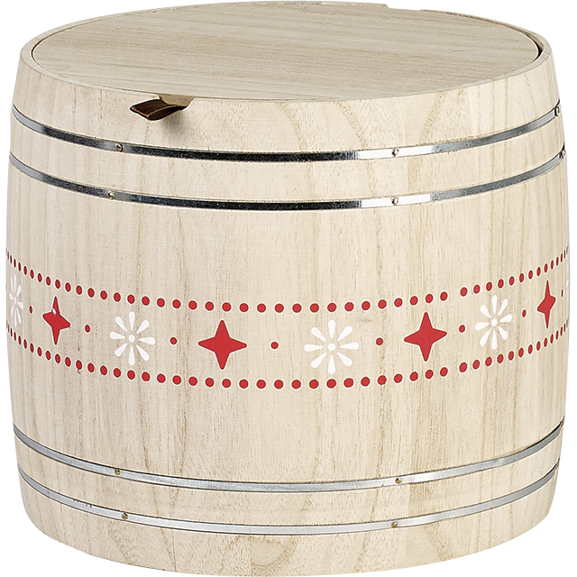Coffret bois forme tonneau nature motifs rouge/blanc D22,5x20 cm