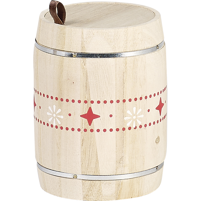 Coffret bois forme tonneau nature motifs rouge/blanc D9,1x13,5 cm