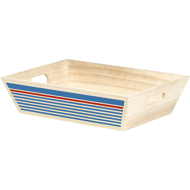 Tray wood rectangular natural/blue/red handles SEA