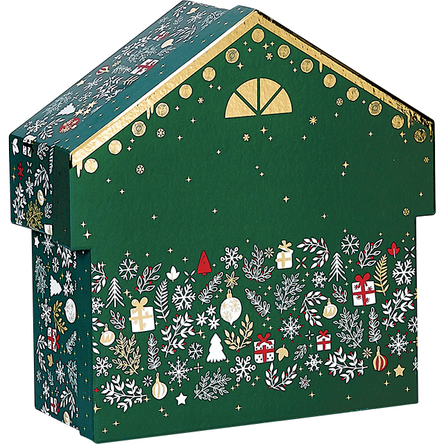 Coffret carton forme chalet vert/blanc/rouge/dorure à chaud or décor Bonnes fêtes 