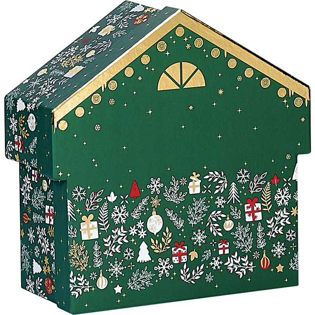 Coffret carton forme chalet vert/blanc/rouge/dorure à chaud or décor Bonnes fêtes 
