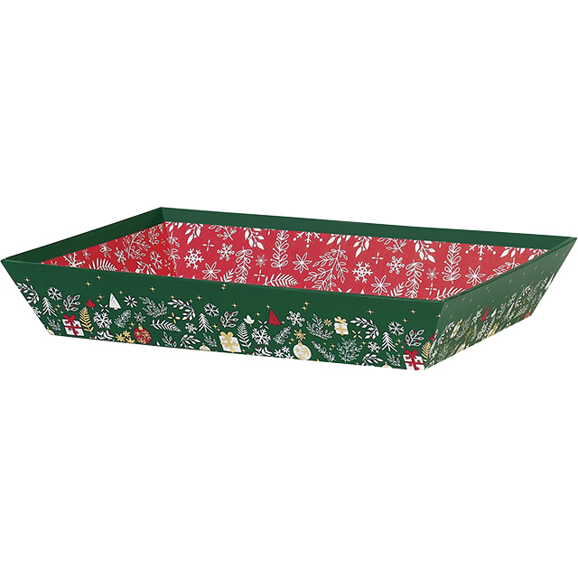 Corbeille carton rectangle vert/blanc/rouge/dorure à chaud or décor Bonnes fêtes 