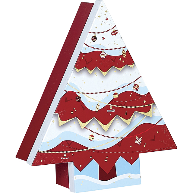 Coffret carton forme sapin rouge/blanc/dorure à chaud or décor Bonnes fêtes 