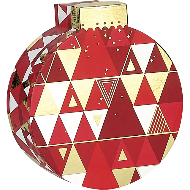 Coffret carton forme boule rouge/blanc/dorure à chaud or décor triangle 