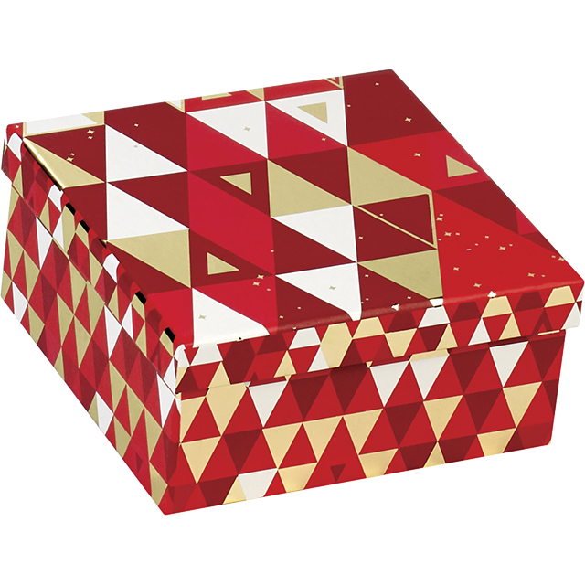 Coffret carton carré rouge/blanc/dorure à chaud or décor triangle 