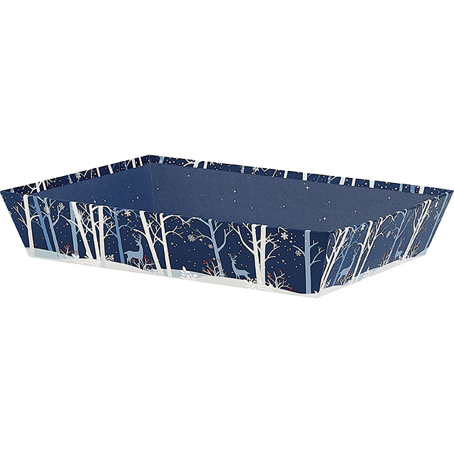 Corbeille carton rectangle bleu/blanc/dorure à chaud or décor Forêt/Renne