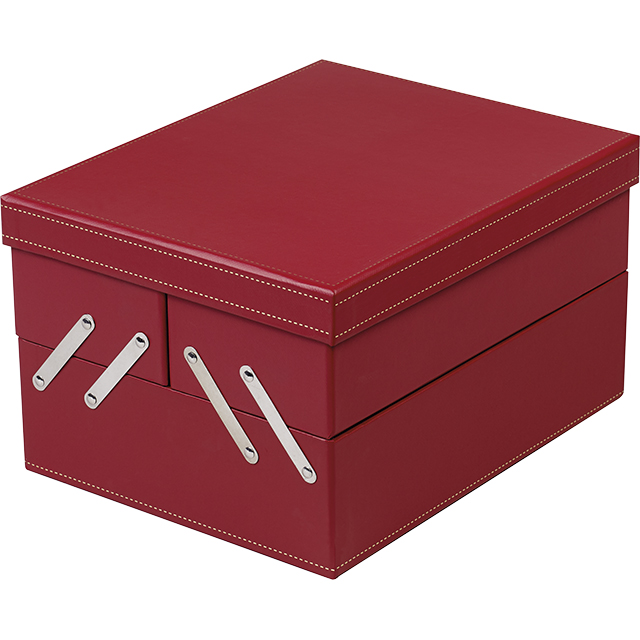 Coffret carton rectangle 3 compartiments calage amovible 2 séparations rouge/or 26,5x21x15 cm