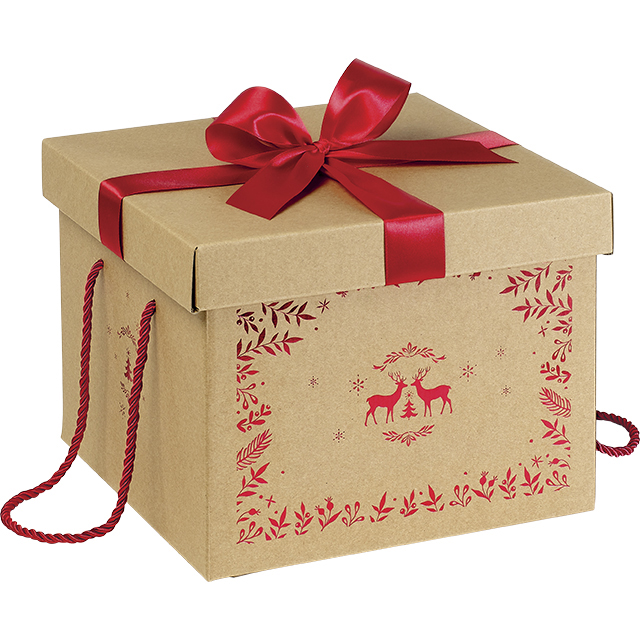 Coffret carton kraft carré décor renne rouge noeud satin/cordelettes coloris rouge