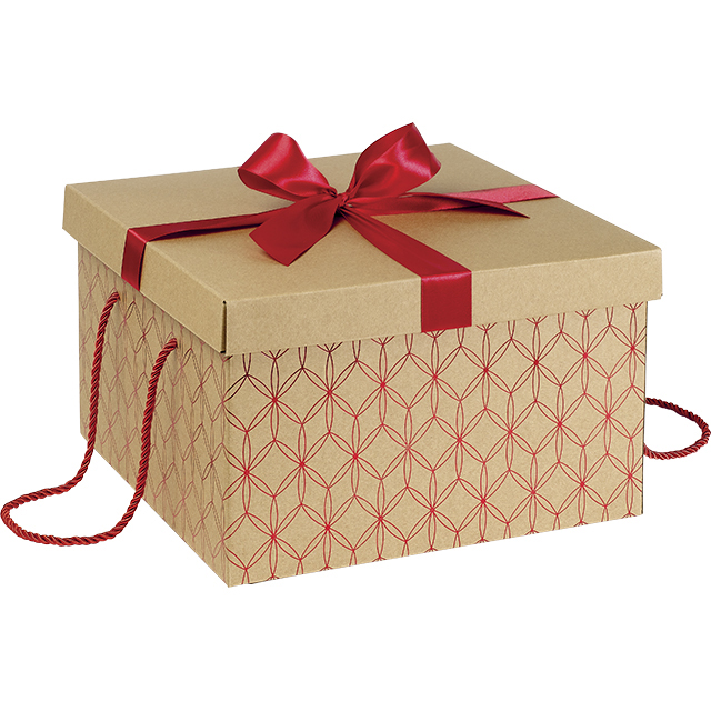 Coffret carton kraft carré décor rosaces rouge noeud satin/cordelettes coloris rouge