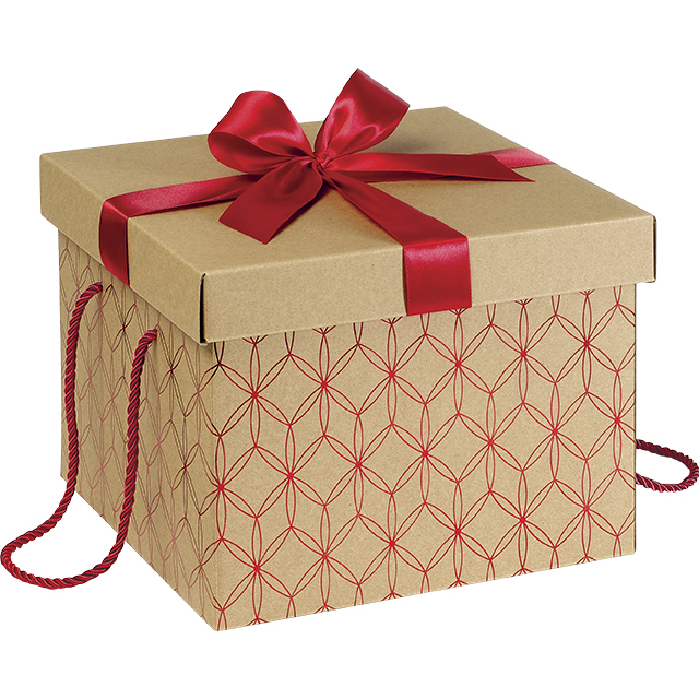 Coffret carton kraft carré décor rosaces rouge nœud satin/cordelettes coloris rouge 