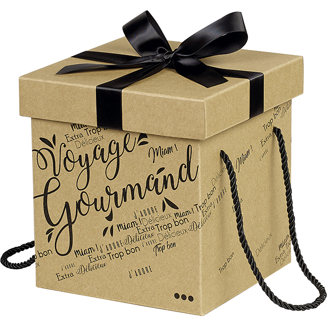 Coffret carton kraft carré Voyage Gourmand  noir noeud satin/cordelettes coloris noir 18x18x19,5 cm