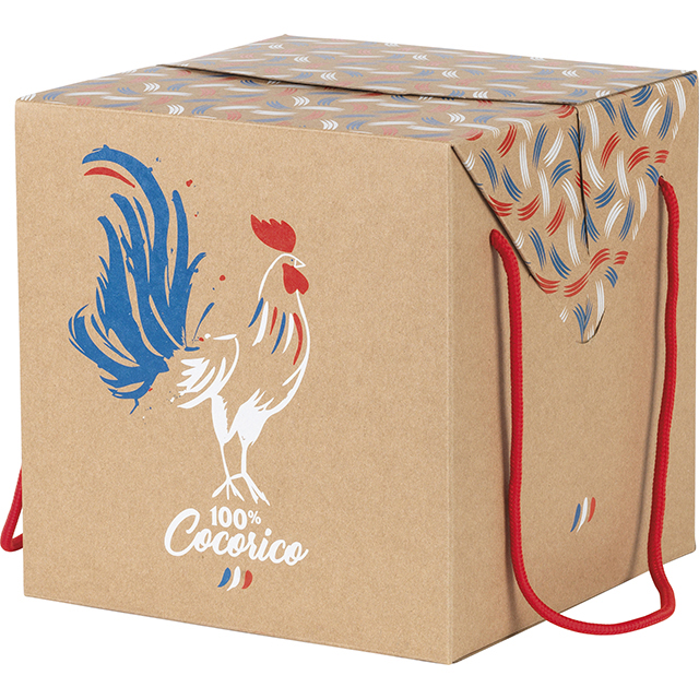 Coffret carton kraft carré décor 100% Cocorico cordelettes rouges fermetures latérales Livré à plat