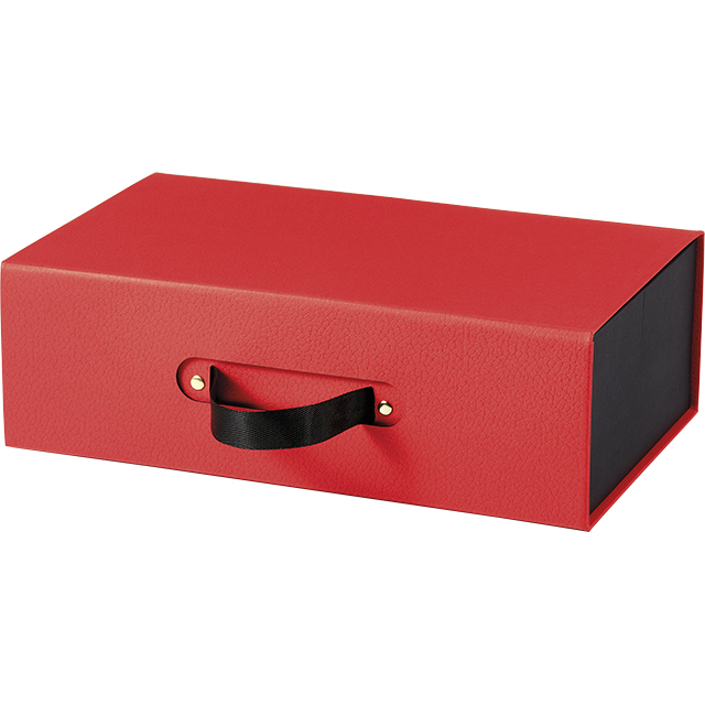 Box cardboard rectangular RED CARPET texture red/black handle ribbon magnetic closure delivered flat