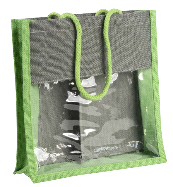 Bolsa tejido de yute verde/gris ventana PVC asas cordn 1 separacin amovible