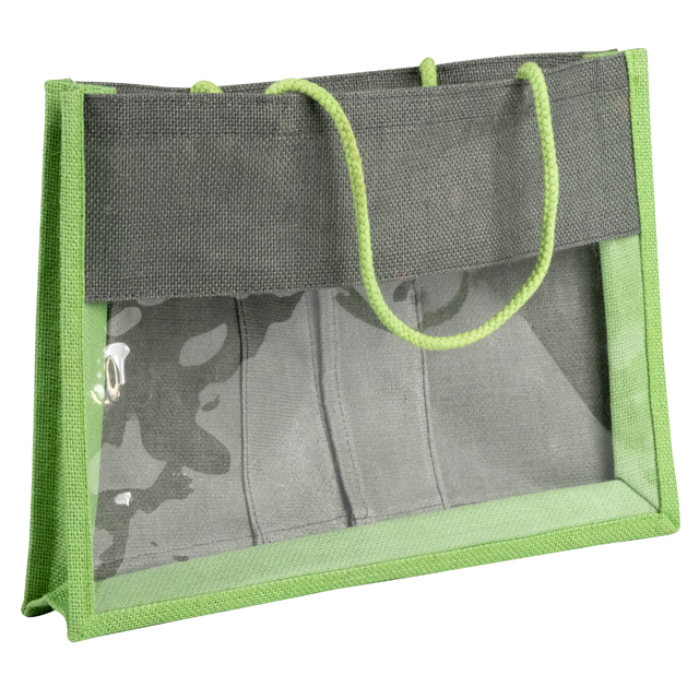 Bolsa tejido de yute verde/gris ventana PVC asas cordn 2 separaciones amovibles
