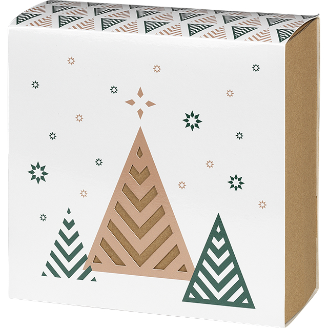 Caja cartn kraft cuadrado funda Bonnes Ftes rboles de Navidad/verde/blanco dimensiones int.