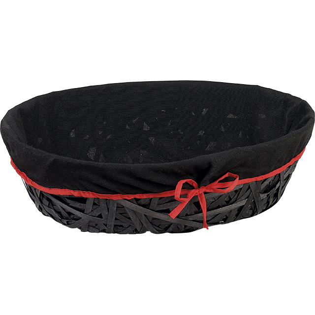 Corbeille bois ovale noir/tissu noir liseré rouge 49x40x15 cm