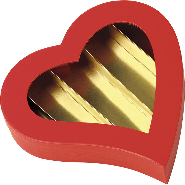 Coffret carton forme coeur chocolats 5 rangées rouge/or
