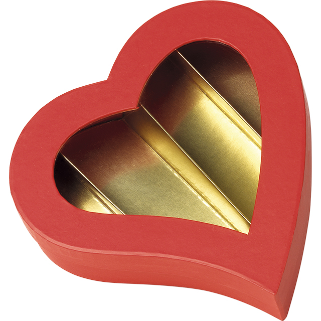 Coffret carton forme coeur chocolats 4 rangées rouge/or