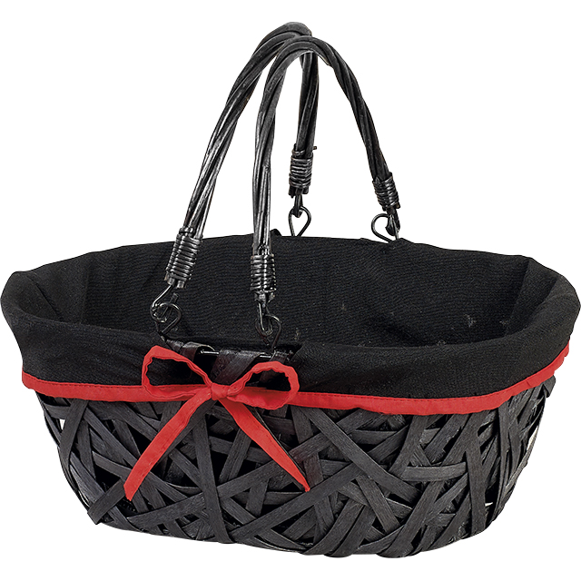 Basket wicker/wood oval black black fabric red edge foldable handles