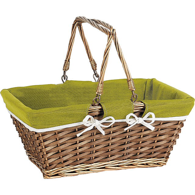 Basket wicker/wood rectangular brown green fabric/white edge foldable handles