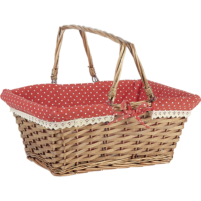 Basket wicker/wood rectangular brown red fabric/white dots crocheted white edge foldable handles 