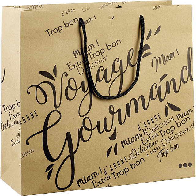 Sac papier kraft décor Voyage Gourmand noir/poignées corde/oeillet de fermeture 35x13x33 cm
