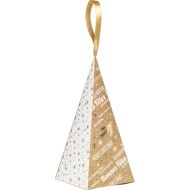 Pyramide papier décor Bonnes Fêtes kraft/blanc/dorure or ruban satin or