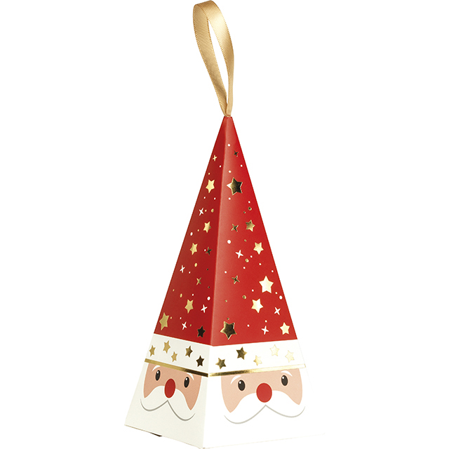 Pyramide papier décor Père Noël rouge/blanc/dorure or ruban satin or