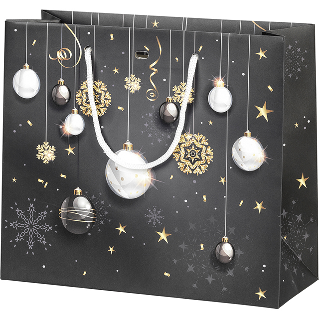 Bag paper MERRY CHRISTMAS black/gold/Christmas ball white cord handles eyelet
