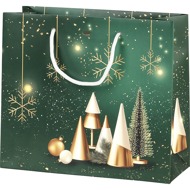 Bag paper MERRY CHRISTMAS green/gold/Christmas tree white cord handles eyelet
