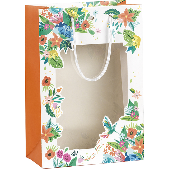 Bag paper orange/flowers PET window white cord handles eyelet