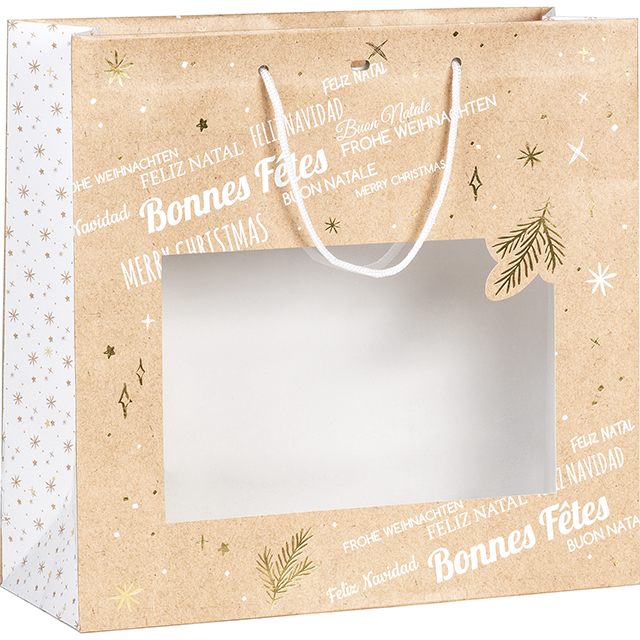 Bag paper MERRY CHRISTMAS kraft/white/gold hot foil stamping PET window white cord handles eyelet