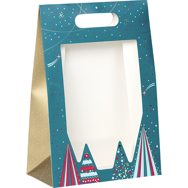 Bag paper foldover MERRY CHRISTMAS blue/red/gold hot foil stamping PET window adhesive closure