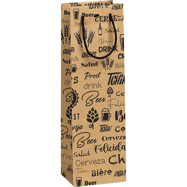 Bag paper kraft 1 bottle beer black design PET window cord handles eyelet