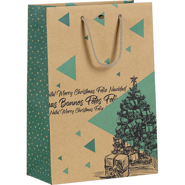 Bag paper kraft MERRY CHRISTMAS green/vintage cord handles kraft eyelet