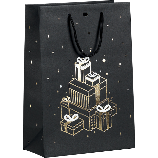 Bag paper CHRISTMAS PRESENTS black/gold hot foil stamping black cord handles eyelet